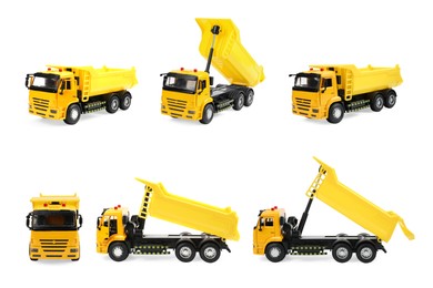 Image of Yellow truck isolated on white, different angles. Collage design with children's toy