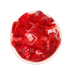 Photo of Tasty heart shaped jelly candies on white background, top view