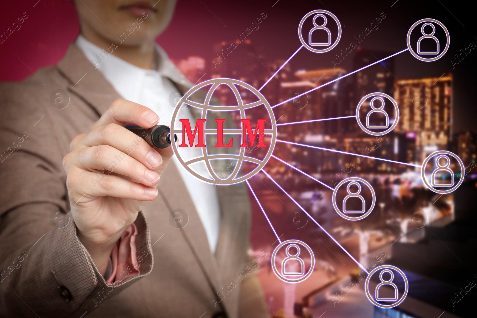 Image of Multi-level marketing. Businesswoman touching MLM scheme on digital screen against blurred cityscape, closeup. Illustration of hierarchy