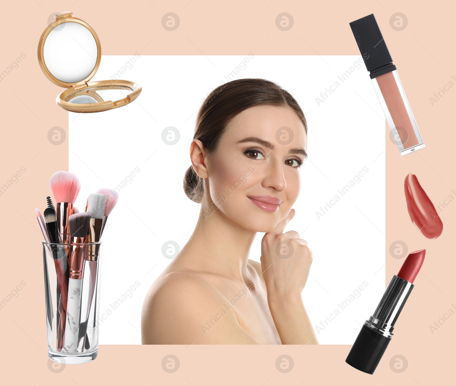 Image of Beautiful woman and professional cosmetic products on color background. Makeup artist