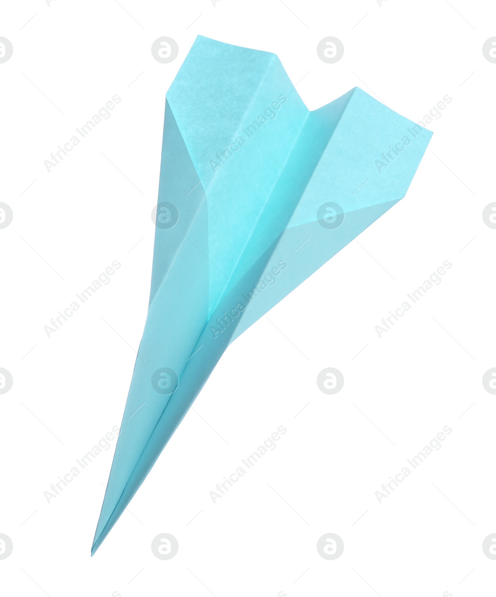 Photo of Handmade light blue paper plane isolated on white