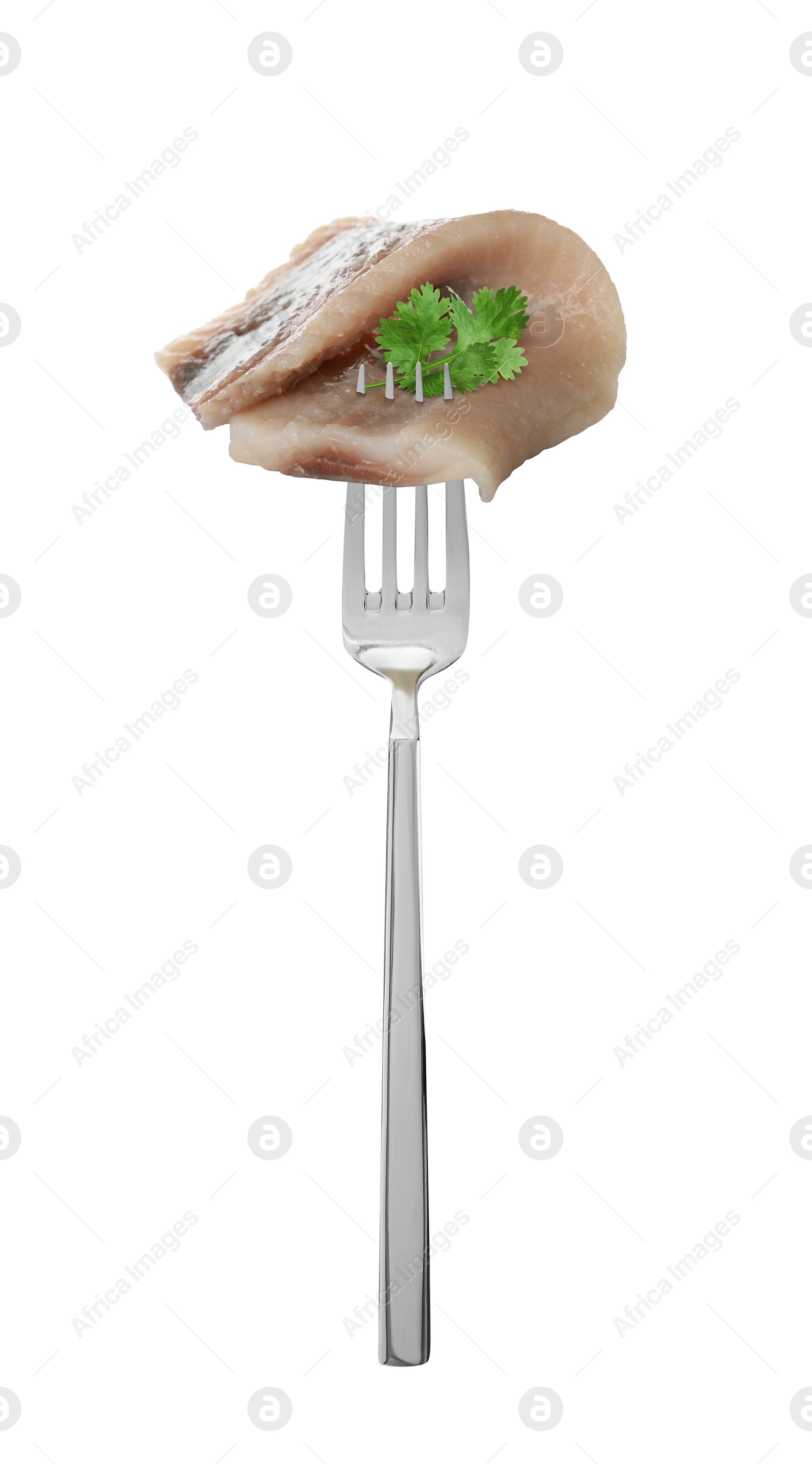 Image of Fork with piece of salted herring isolated on white