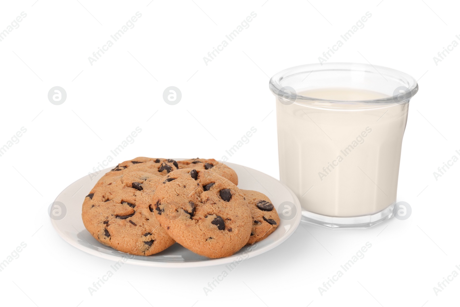 Delicious chocolate chip cookies and milk isolated on white Photo of Delicious chocolate chip cookies and milk isolated on white