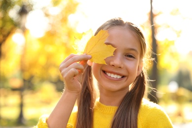 Happy girl with yellow leaf in sunny park. Autumn walk