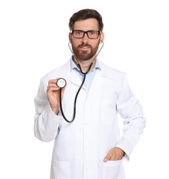 Photo of Portrait of doctor with stethoscope on white background