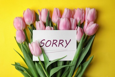 Image of Apology. Card with word Sorry and beautiful pink tulips on yellow background