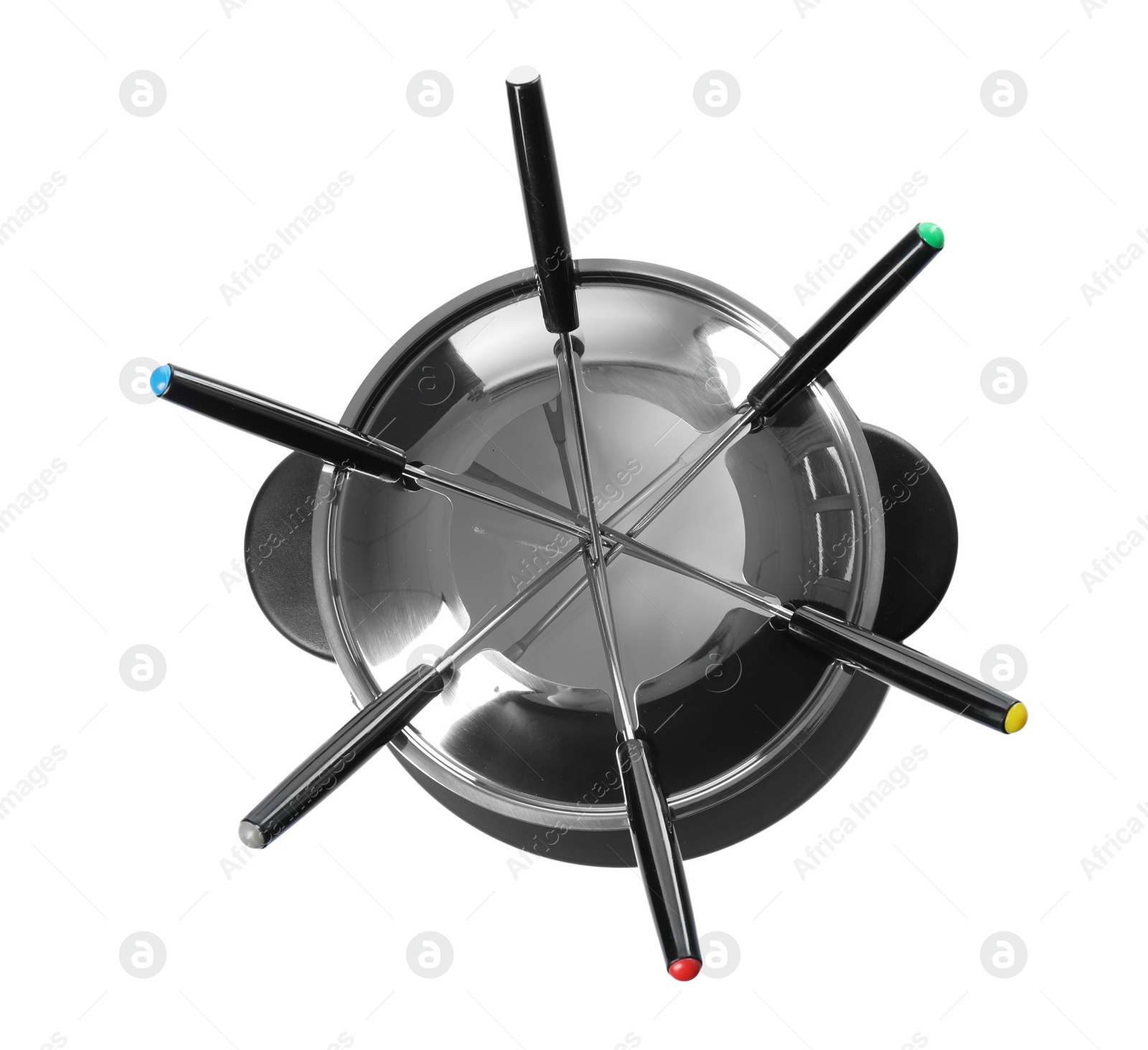 Photo of Modern fondue set on white background. Kitchen equipment