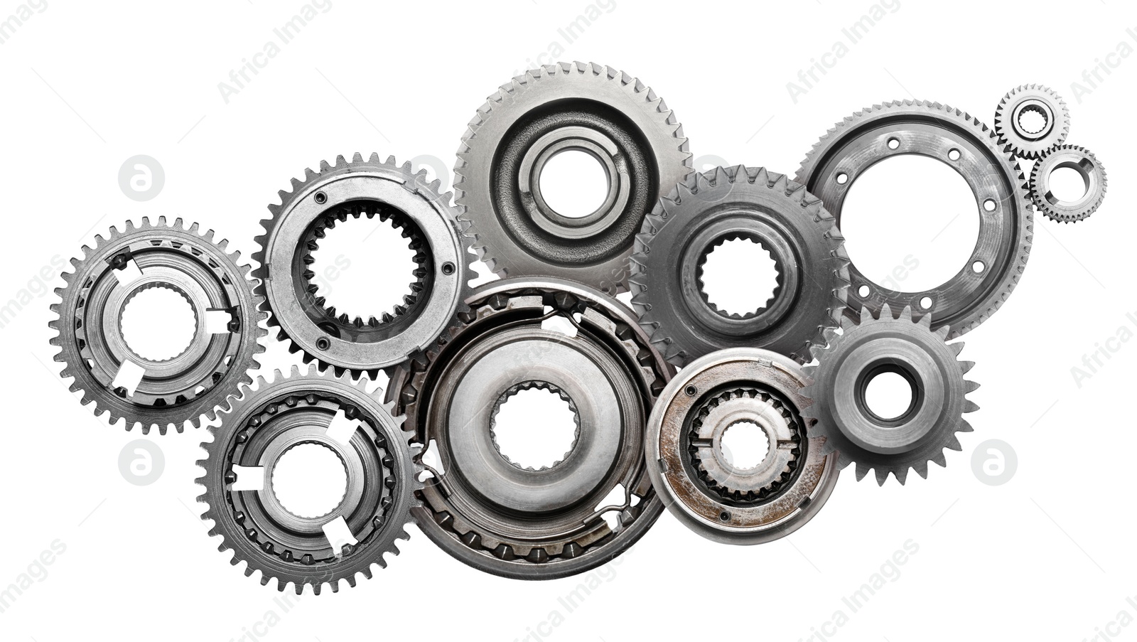 Image of Set with different stainless steel gears on white background, top view. Banner design