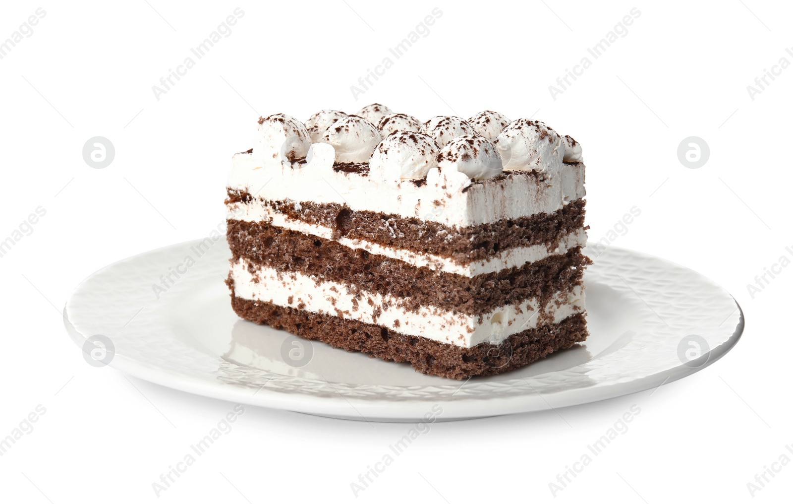 Photo of Plate of tiramisu cake isolated on white