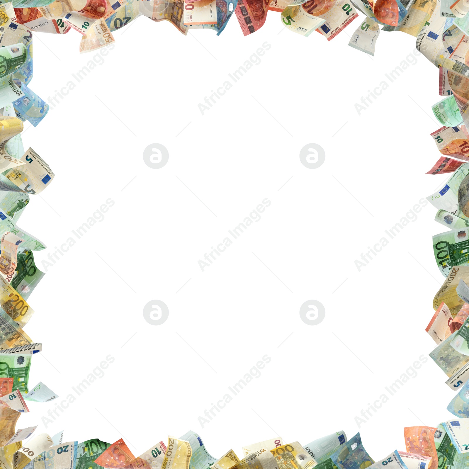 Image of Frame made of money on white background, space for text. Currency exchange