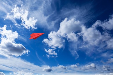 Image of Red paper plane flying in blue sky with clouds