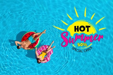 Hot summer sale flyer design. Couple with inflatable rings in swimming pool and text, top view