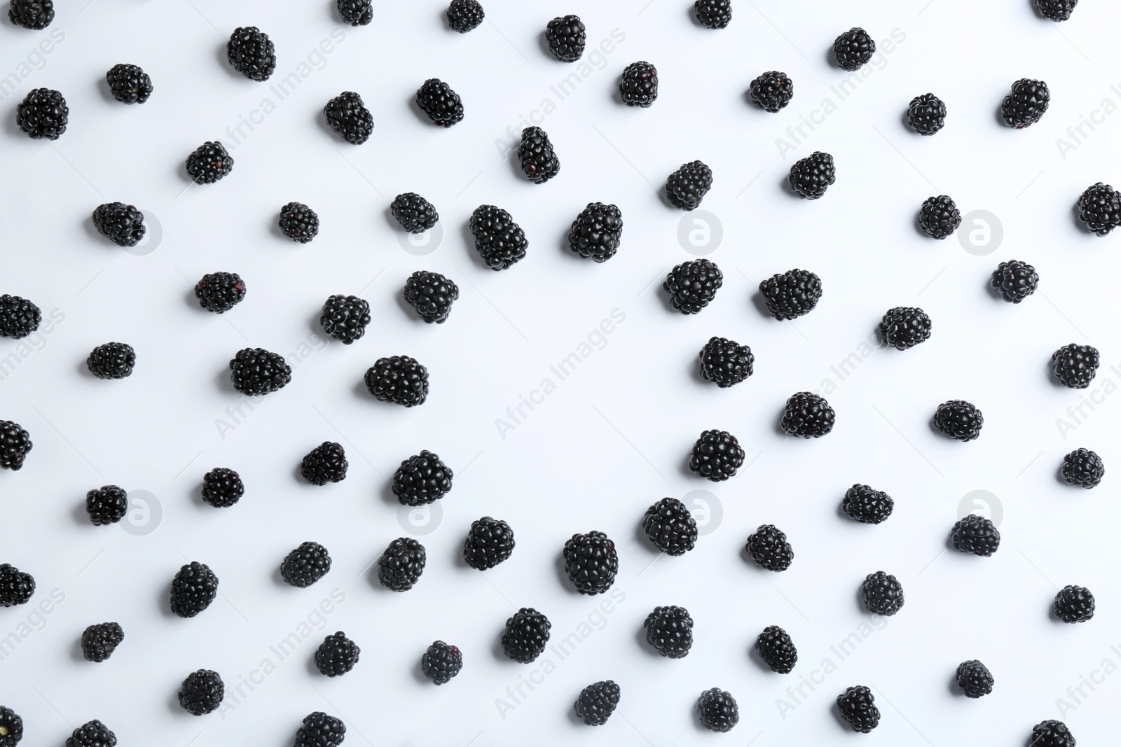 Photo of Frame made with fresh blackberries on white background, top view. Space for text