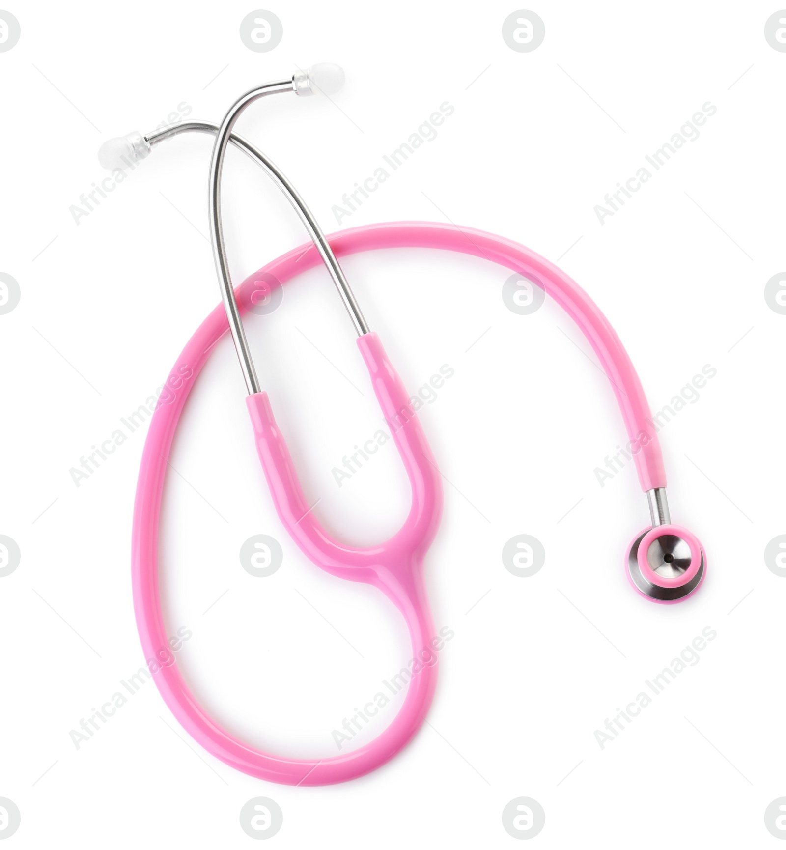 Photo of Stethoscope on white background, top view. Medical device