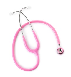 Photo of Stethoscope on white background, top view. Medical device