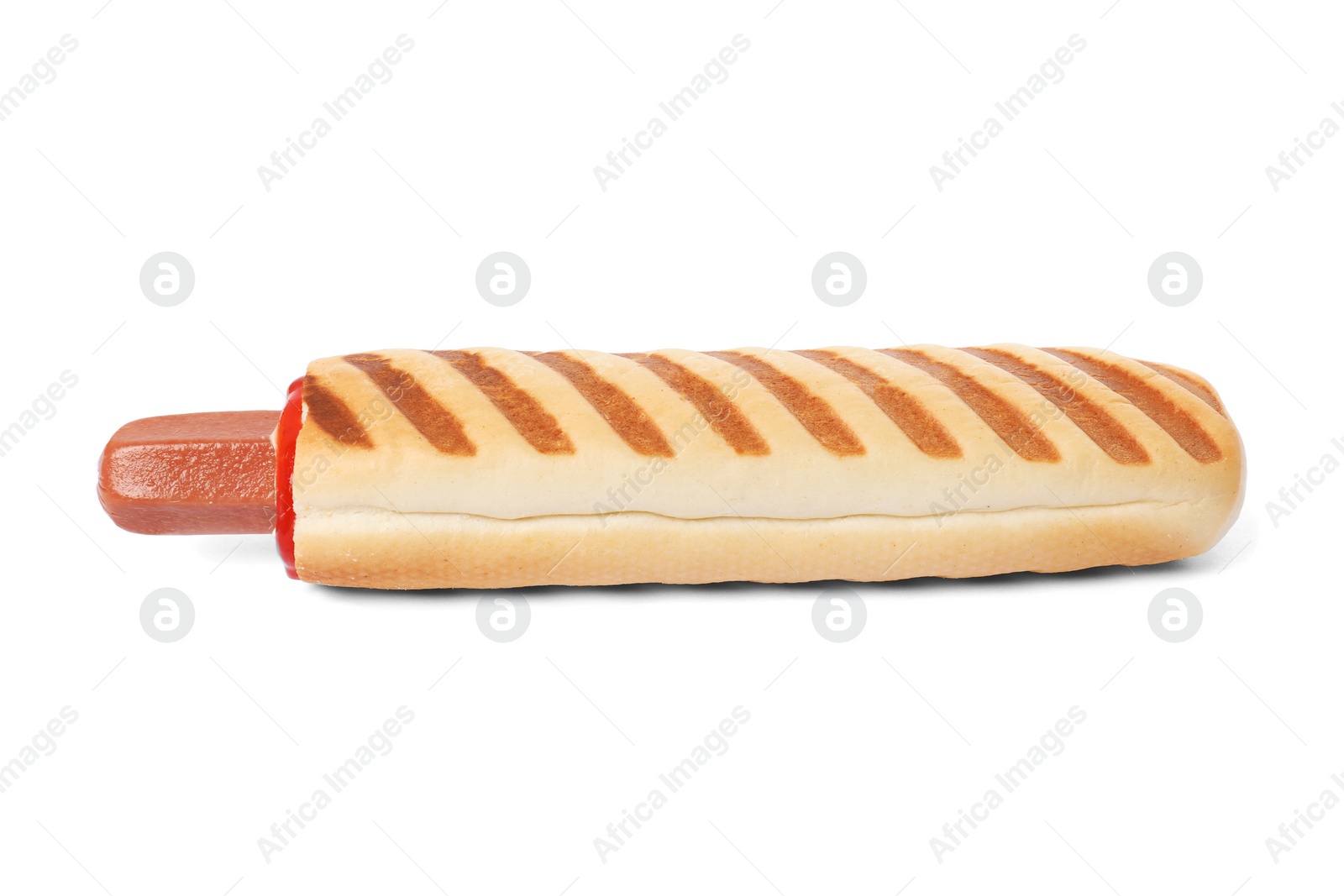 Photo of Tasty french hot dog with sauce isolated on white