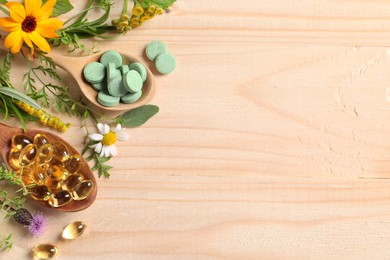 Photo of Different pills, herbs and flowers on wooden table, flat lay with space for text. Dietary supplements