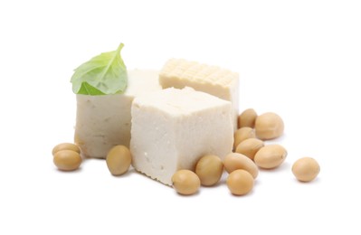 Delicious tofu cheese, basil and soybeans isolated on white