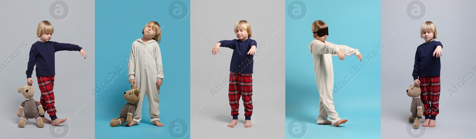 Image of Collage with photos of boy sleepwalking on different color backgrounds