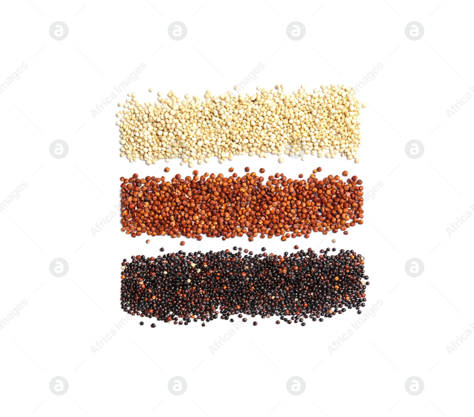 Photo of Different types of quinoa on white background, top view