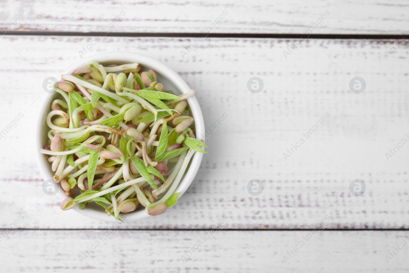 Photo of Mung bean sprouts in bowl on white wooden table, top view. Space for text