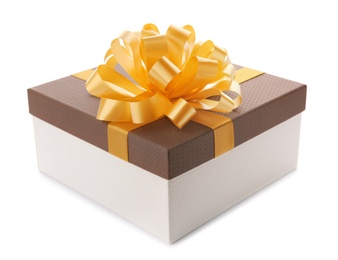 Photo of Beautiful gift box with bow on white background