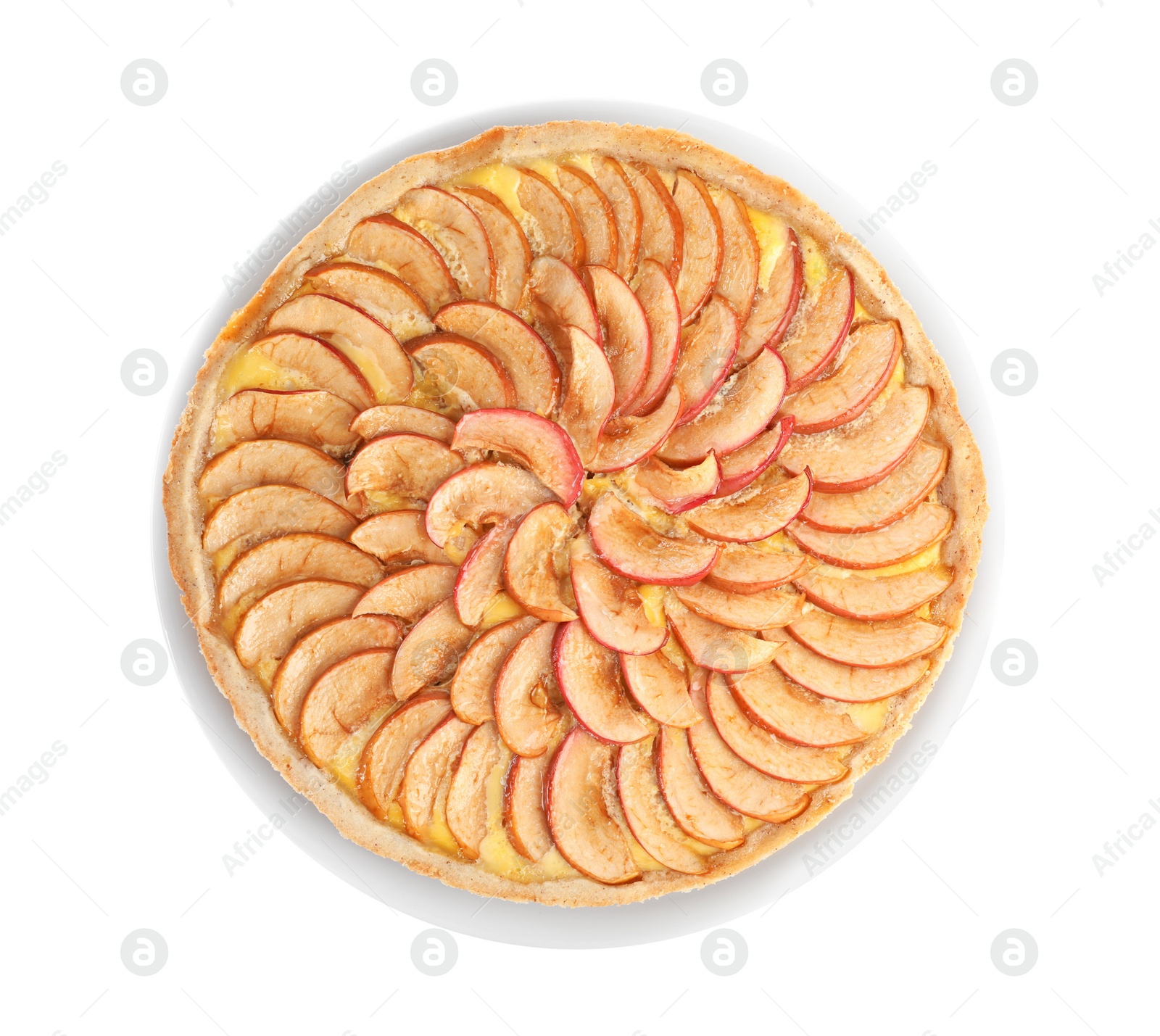 Photo of Tasty apple pie isolated on white, top view