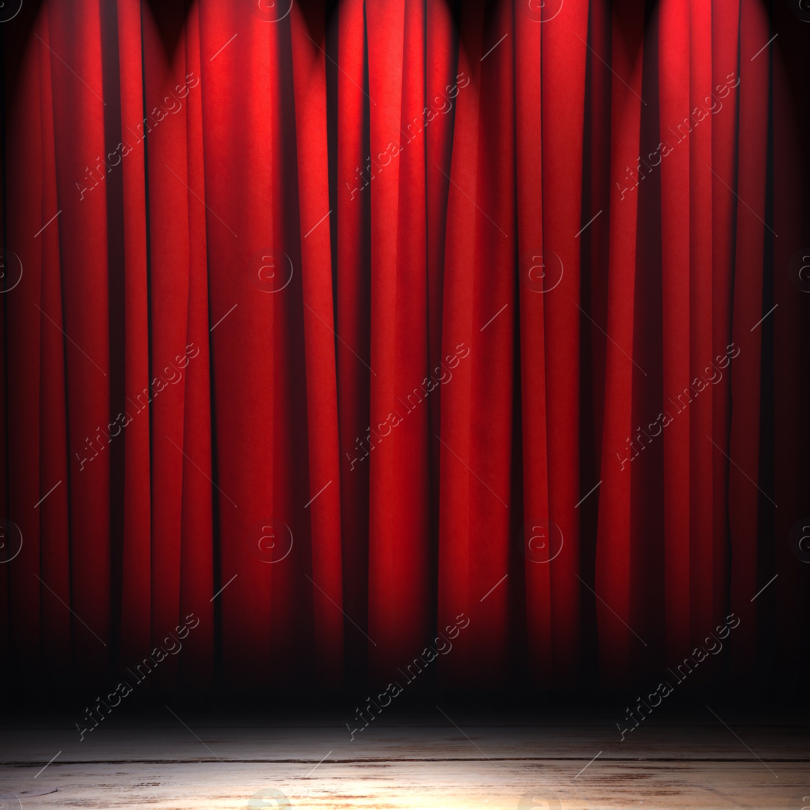 Image of Empty wooden stage and closed red curtains