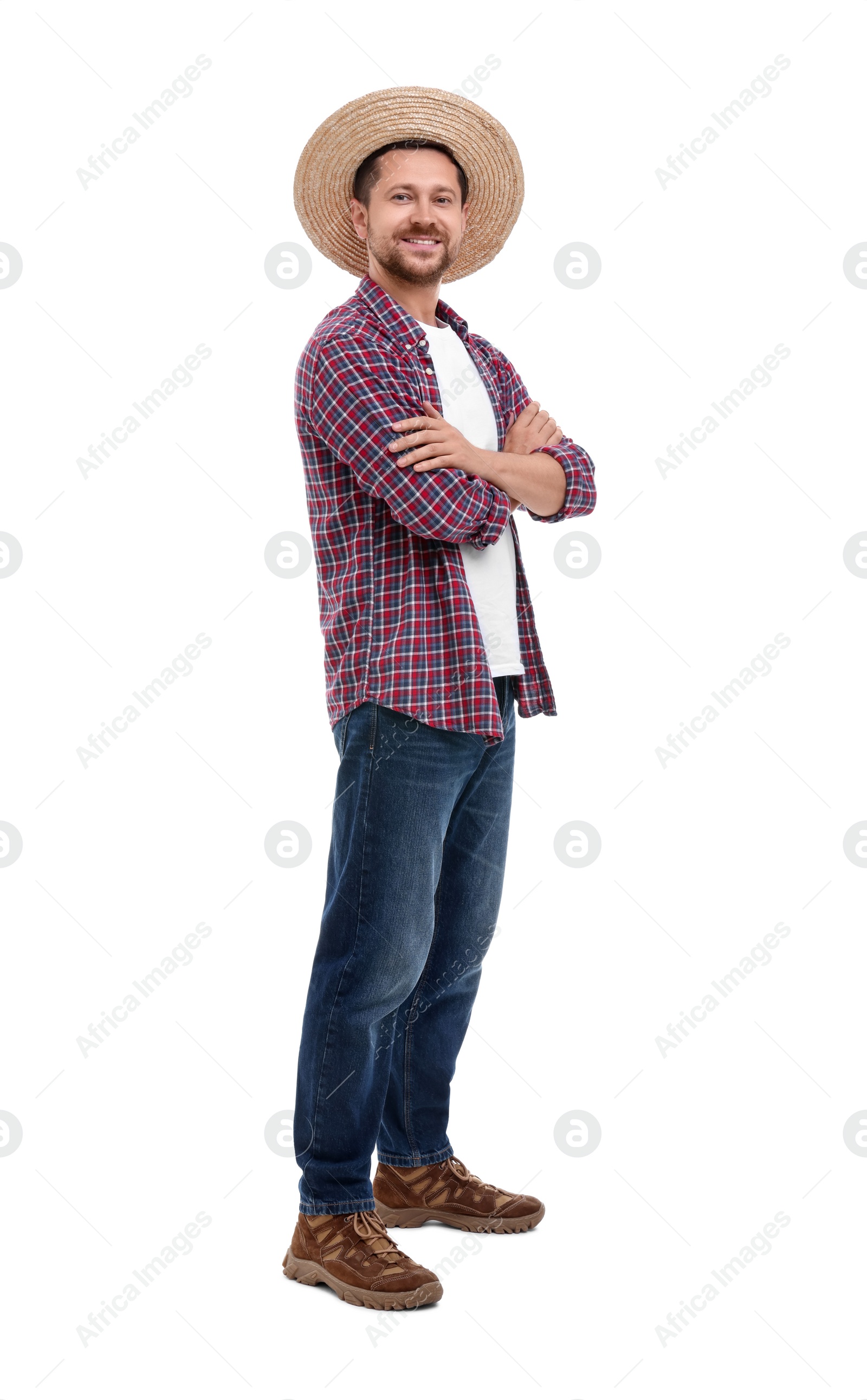 Photo of Happy farmer with crossed arms on white background. Harvesting season