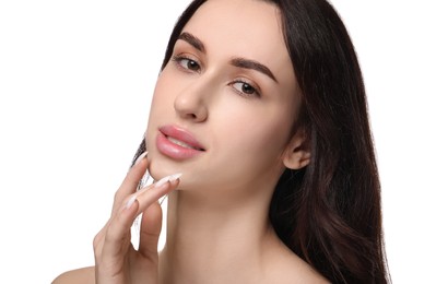 Portrait of beautiful young woman on white background