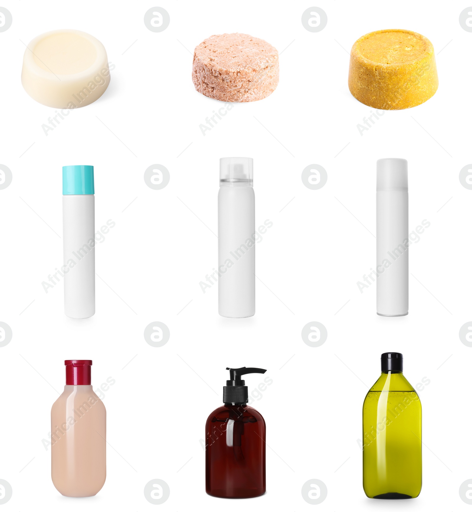 Image of Set with different kinds of shampoo: ordinary, dry and solid on white background