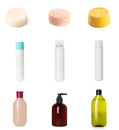 Set with different kinds of shampoo: ordinary, dry and solid on white background