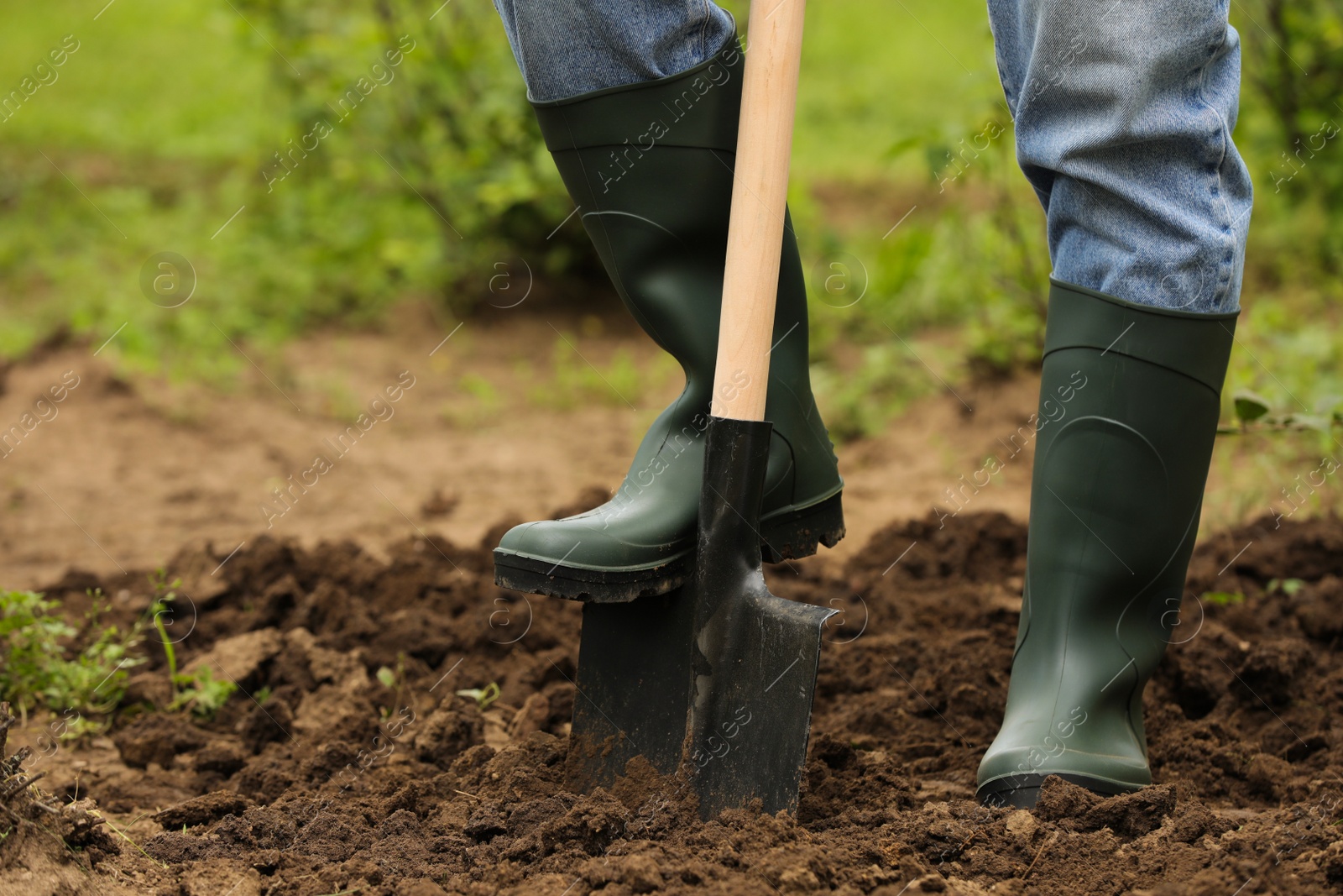 Photo of Worker digging soil with shovel outdoors, closeup. Gardening tool