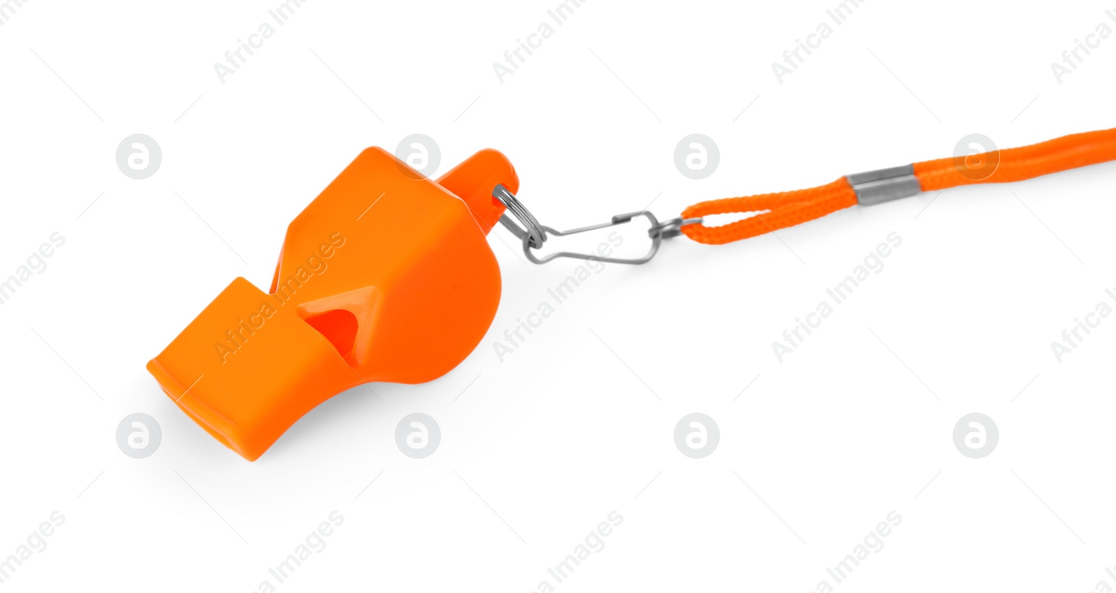 Photo of One orange whistle with cord isolated on white
