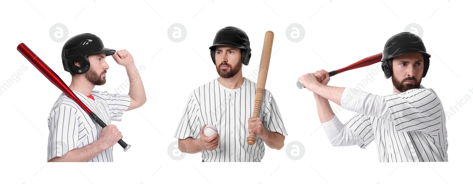 Image of Baseball player with bat on white background, set of photos