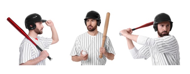 Baseball player with bat on white background, set of photos