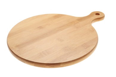 Photo of New wooden board isolated on white. Cooking utensils