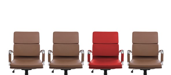 Vacant position. Red office chair among brown ones on white background, banner design