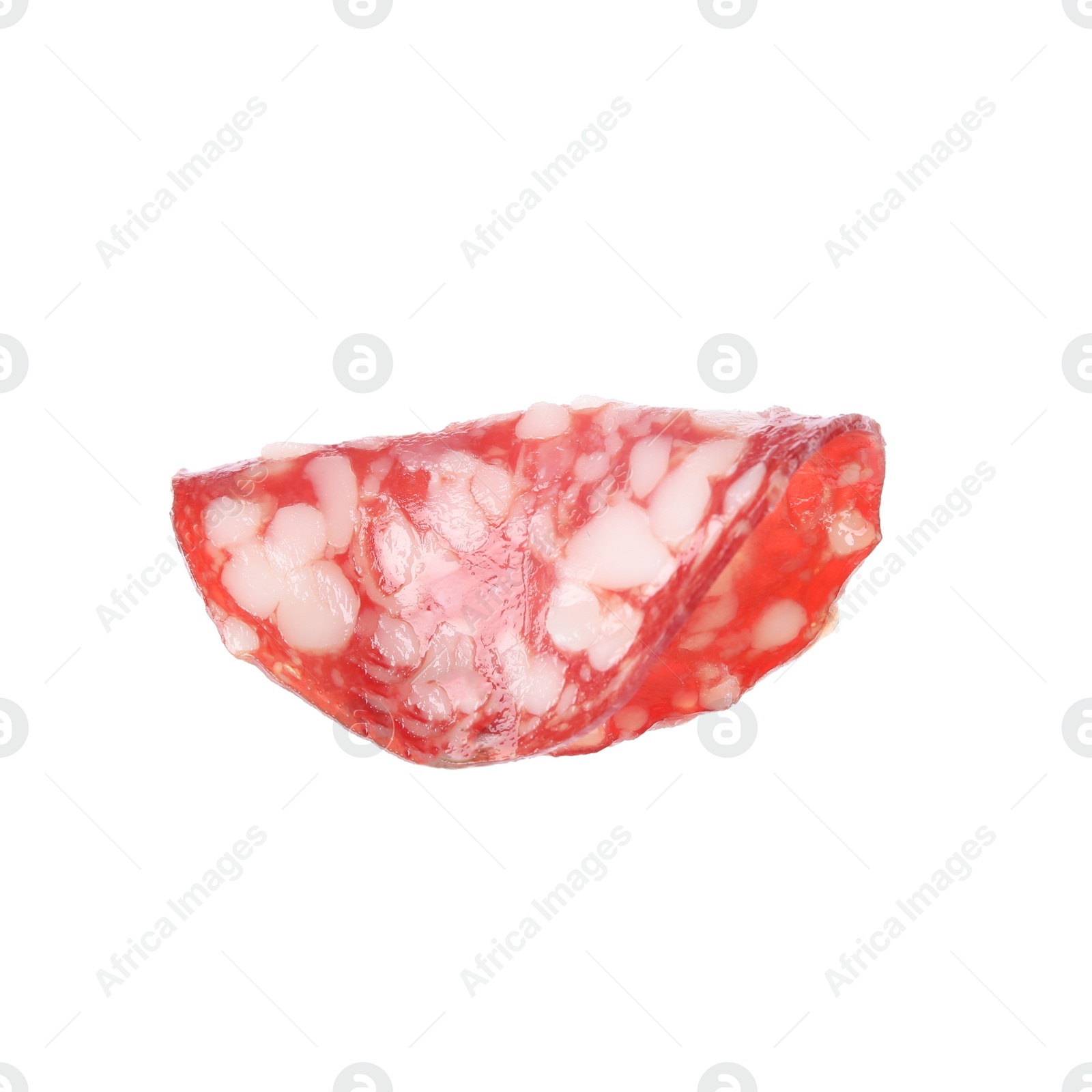 Photo of Slice of delicious smoked sausage isolated on white