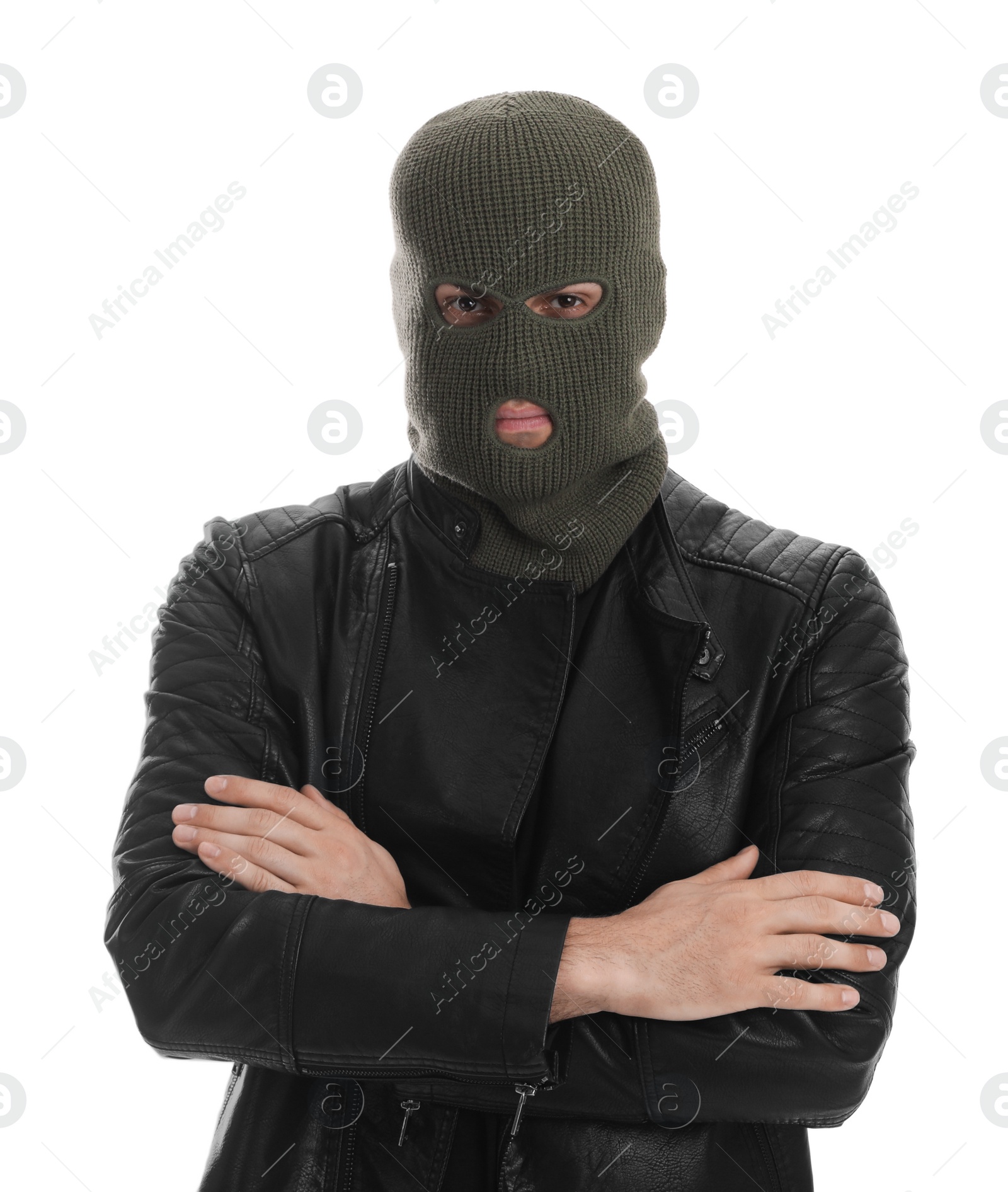 Photo of Man wearing knitted balaclava on white background