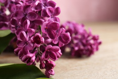 Photo of Closeup view of beautiful lilac flowers on wooden table