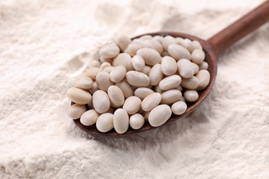 Wooden spoon with white kidney beans on flour, closeup