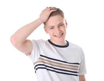 Portrait of teenage boy on white background