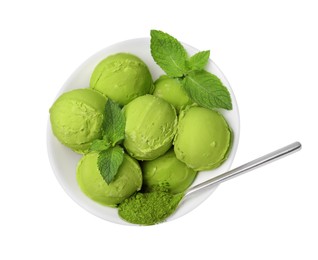Photo of Tasty matcha ice cream and spoon with powder in bowl isolated on white, top view