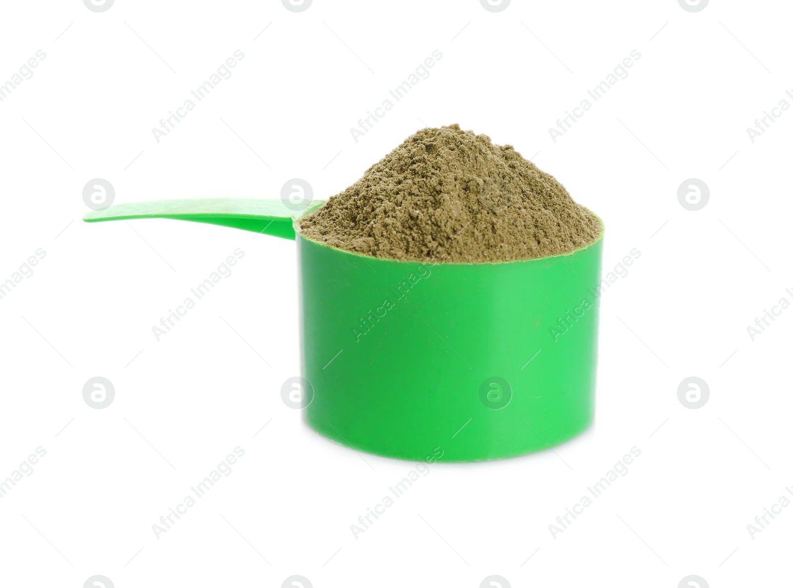 Photo of Scoop with hemp protein powder on white background