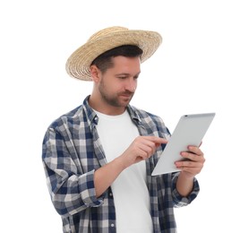 Farmer using tablet on white background. Harvesting season