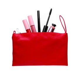 Black eyeliner and other makeup products in cosmetic bag on white background, top view