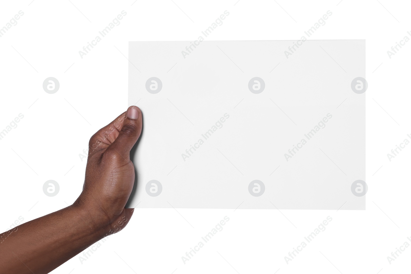 Photo of African American man holding sheet of paper on white background, closeup. Mockup for design