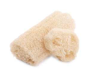 Photo of Loofah sponges isolated on white. Personal hygiene product