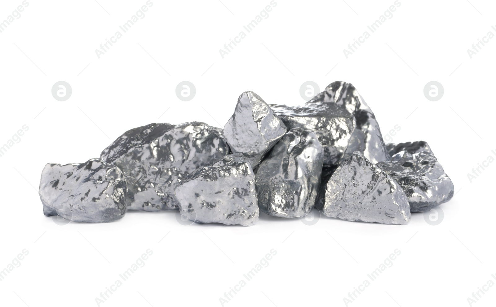 Photo of Many shiny silver nuggets on white background